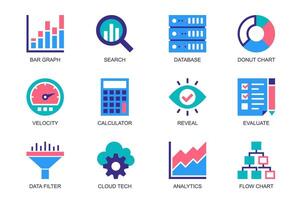 Data Analytics concept of web icons set in simple flat design. Pack of bar graph, search, database, donut chart, velocity, calculator, reveal, evaluate, cloud tech. pictograms for mobile app vector