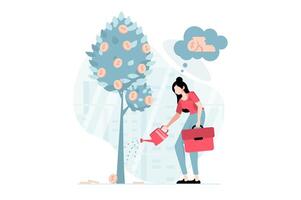 Business making concept with people scene in flat design. Businesswoman watering money tree, investing money in companies and increasing income. illustration with character situation for web vector