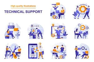 Technical support web concept with people scenes set in flat style. Bundle of customer service, solving tech problems via online chat and calling, feedback. illustration with character design vector