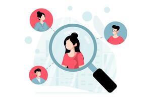 atención grupo concepto con personas escena en plano diseño. mujer haciendo márketing investigación y análisis los compradores conectado con su utilizando social redes ilustración con personaje situación para web vector