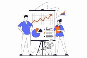 Business activities concept with people scene in flat outline design. Man and woman discussing growth data, perfecting development strategy. illustration with line character situation for web vector