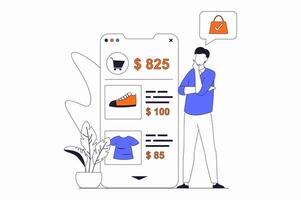 en línea compras concepto con personas escena en plano contorno diseño. hombre elige bienes en Tienda sitio web y hace orden en móvil solicitud. ilustración con línea personaje situación para web vector