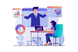 Business webinar concept with people scene. Woman watching online training with business coach, analyzing data and improves skills. illustration with characters in flat design for web vector