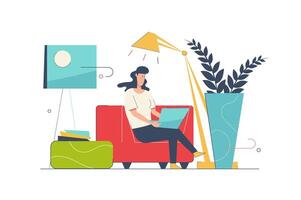 Freelance work concept with people scene in flat cartoon design. Woman working distant while sitting at home, making tasks and communicates online. illustration with character situation for web vector