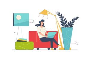 Lanza libre trabajo concepto con personas escena en plano dibujos animados diseño. mujer trabajando distante mientras sentado a hogar, haciendo Tareas y comunica en línea. ilustración con personaje situación para web vector