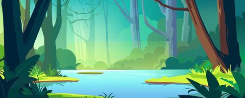 Tropical jungle with river background banner in cartoon design. Wildlife overgrown rainforest with lianas on green trees, lush bushes, ferns and grass, blue water pond. cartoon illustration vector