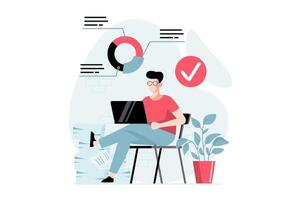 Data analysis concept with people scene in flat design. Man researching statistics and data in diagram, plans and creates strategy for business. illustration with character situation for web vector