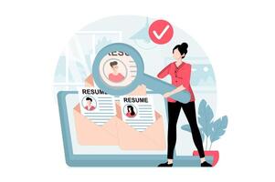 Employee hiring process concept with people scene in flat design. Woman with magnifier examines online resumes and selecting best employees. illustration with character situation for web vector