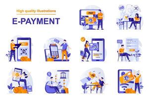 E-payment web concept with people scenes set in flat style. Bundle of secure mobile payment with credit card, paying digital receipt in online banking. illustration with character design vector