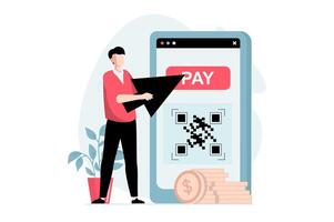 pago electrónico concepto con personas escena en plano diseño. hombre ordenando bienes en línea y pago con seguro qr código utilizando móvil teléfono solicitud. ilustración con personaje situación para web vector