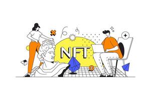 NFT and cryptocurrency web concept in flat outline design with characters. Man and woman invest in collectible artwork with non fungible token. Crypto business people scene. illustration. vector