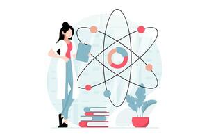 Data science concept with people scene in flat design. Woman scientist is engaged in research of molecules and analyzes datum in laboratory. illustration with character situation for web vector