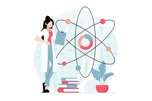 datos Ciencias concepto con personas escena en plano diseño. mujer científico es comprometido en investigación de moléculas y análisis dato en laboratorio. ilustración con personaje situación para web vector