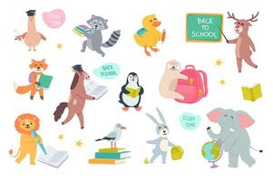 Cute animals in school set with cartoon elements in flat design. Bundle of bird is graduation, raccoon with books, pupil chicken, deer at chalkboard and other isolated stickers. illustration. vector