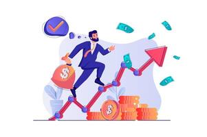 Business growth concept with people scene. Businessman successfully develops company, earning profit and increases sales performances. illustration with characters in flat design for web vector