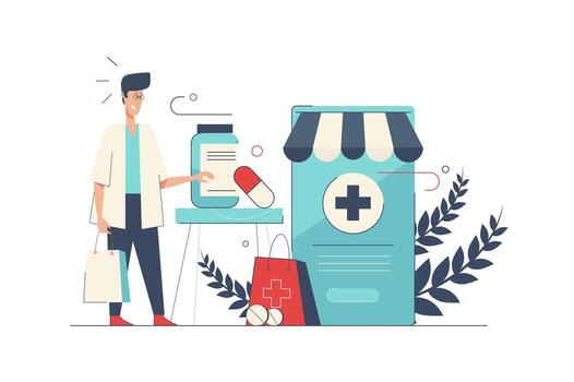 Medical clinic concept with people scene in flat cartoon design. Doctor consults and diagnostics patients, prescribes treatment, online pharmacy. illustration with character situation for web vector