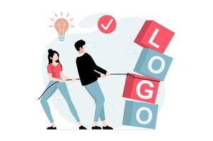 Branding team concept with people scene in flat design. Man and woman creating new logo and identity for company, developing company personality. illustration with character situation for web vector
