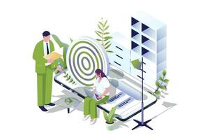 Seo optimization web concept in 3d isometric design. People analyzing data, selects keywords, settings and optimizes site for popular search queries for online promotion. web illustration. vector