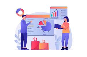 Sales performance concept with people scene. Woman and man analyzes financial data, makes presentation with business statistics and profit. illustration with characters in flat design for web vector