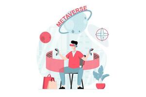 metaverso concepto con personas escena en plano diseño. hombre vistiendo vr auriculares interactuando con virtual pantallas, jugando o teniendo virtual compras. ilustración con personaje situación para web vector