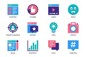 Blogger concept of web icons set in simple flat design. Pack of content, thumbs up, player, smile, target audience, rating, idea, photo, blog, statistic, chat. pictograms for mobile app vector