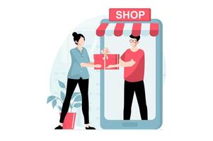 móvil comercio concepto con personas escena en plano diseño. mujer hace en línea compras, pedidos bienes y entrega y recibe regalos desde hombre. ilustración con personaje situación para web vector