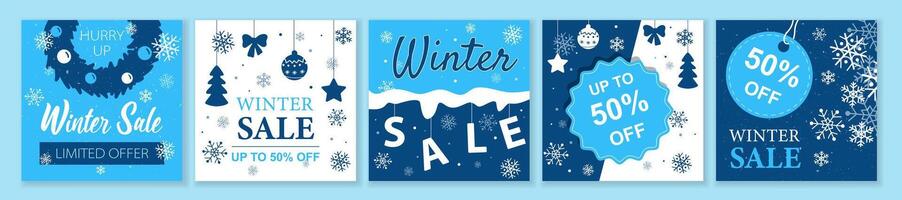 Winter and Christmas Sale square template set for ads posts in social media. Layouts bundle with snowflakes and decor toys. Suitable for mobile apps, banner design and web ads. illustration. vector