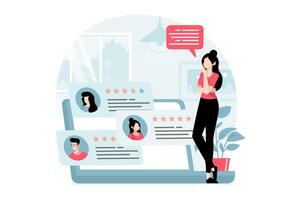 Feedback page concept with people scene in flat design. Woman reading user online reviews with high ratings for service or product using laptop. illustration with character situation for web vector