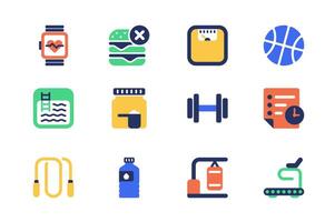 Fitness concept of web icons set in simple flat design. Pack of watch, healthy diet, weight, ball, pool, training, skipping rope, punching bag, treadmill and other. pictograms for mobile app vector