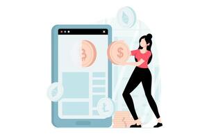 Cryptocurrency marketplace concept with people scene in flat design. Woman trading on virtual crypto market, buying bitcoins using mobile app. illustration with character situation for web vector