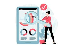 Data analysis concept with people scene in flat design. Woman with magnifier studying data at diagrams and creates report using mobile application. illustration with character situation for web vector