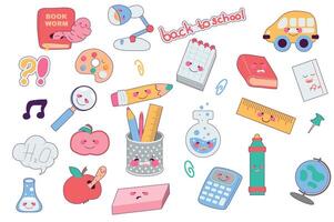 Back to school set in cartoon design. Bundle of cute faces characters at book, lamp, ruler, pencils, test tubes, calculator, magnifier, stationary and other isolated flat elements. illustration vector