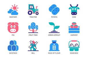 Farm concept of web icons set in simple flat design. Pack of weather, tractor, potato, cow, pig, fruit tree, green sprout, harvest, haystack, mill, eggs box, other. pictograms for mobile app vector