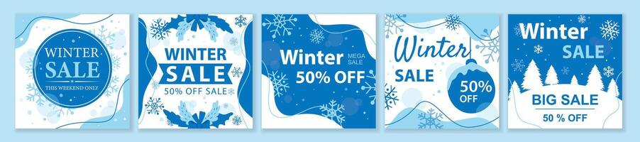 Winter and Christmas Sale square template set for ads posts in social media. Layouts with snowflakes, holly and snowy trees. Suitable for mobile apps, banner design and web ads. illustration. vector
