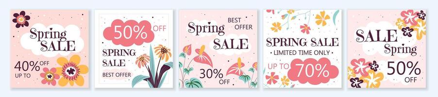 Spring Sale square template set for ads posts in social media. Bundle of layouts with different flowers, blooms with leaves. Suitable for mobile apps, banner design and web ads. illustration. vector