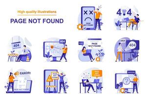 Page not found web concept with people scenes set in flat style. Bundle of error 404, internet connect problem, maintenance, fixing and repair of webpage. illustration with character design vector