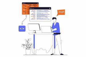 Development and programming concept with people scene in flat outline design. Man writes code and work at screens, optimizes and testing. illustration with line character situation for web vector