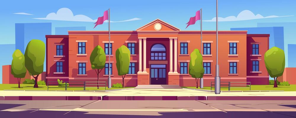 University building background banner in cartoon design. Classic facade with columns and flags of government architecture building. Cityscape with courthouse or bank. cartoon illustration