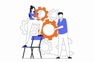 Teamwork concept with people scene in flat outline design. Woman and man holding gears and set up workflow, partnership and cooperation. illustration with line character situation for web vector