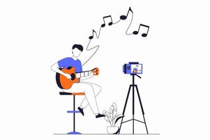 Hobby concept with people scene in flat outline design. Man musician playing guitar and recording or live broadcast for his music blog. illustration with line character situation for web vector