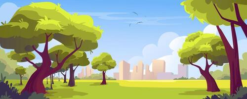 City park background banner in cartoon design. Summer green foliage trees and bushes, meadow for public recreation, skyscrapers at horizon. Cityscape backdrop with garden. cartoon illustration vector
