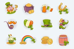 Saint Patrick day cute stickers set in flat cartoon design. Leprechaun with coins, cauldron, beer, Irish flag, horseshoe, clover leaves and other. illustration for planner or organizer template vector
