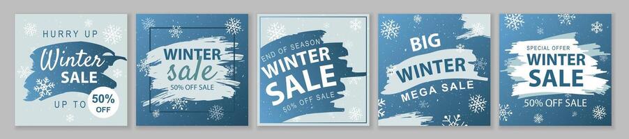 Winter and Christmas Sale square template set for ads posts in social media. Blue layouts with snowflakes and discount prices. Suitable for mobile apps, banner design and web ads. illustration. vector