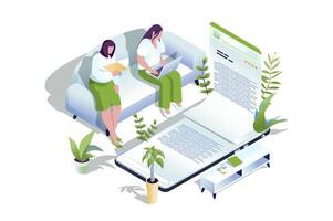 Online reading web concept in 3d isometric design. People reading e-books or textbooks on laptop and mobile application and buying electronic books in bookstore sites. web illustration. vector