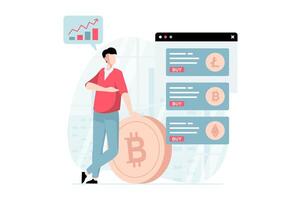 Cryptocurrency marketplace concept with people scene in flat design. Man trading on crypto market and buying bitcoins, litecoins or ethereum. illustration with character situation for web vector