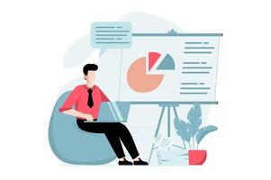 Data analysis concept with people scene in flat design. Man studying datum at diagrams and creates financial report for business presentation. illustration with character situation for web vector