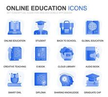 Modern Set Education and Knowledge Gradient Flat Icons for Website and Mobile Apps. Contains such Icons as Studying, School, Graduation, E-Book. Conceptual color flat icon. pictogram pack. vector