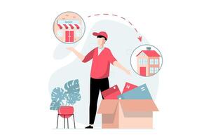 entrega Servicio concepto con personas escena en plano diseño. hombre mensajero entrega bienes ordenado desde en línea Tienda y parcelas a cliente hogar. ilustración con personaje situación para web vector