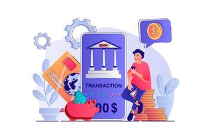 móvil bancario concepto con personas escena. hombre pago para compras en móvil solicitud, financiero gestión, contabilidad y transacción. ilustración con caracteres en plano diseño para web vector