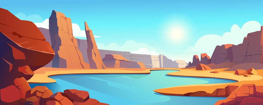 Desert with mountains and lake view background banner in cartoon design. Dry sand space with rocks, blue water river in drought valley, clouds horizon on day sunny sky. cartoon illustration